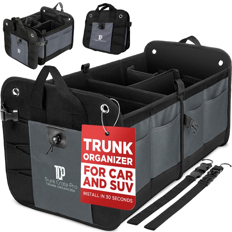TRUNKCRATEPRO Trunk Organizer For Car, Suv, Truck | Premium Adjustable Multi Compartments Collapsible Car Trunk Organizer With Securing Straps & Non-Slip Bottom (Large Size, Grey) - Image 1